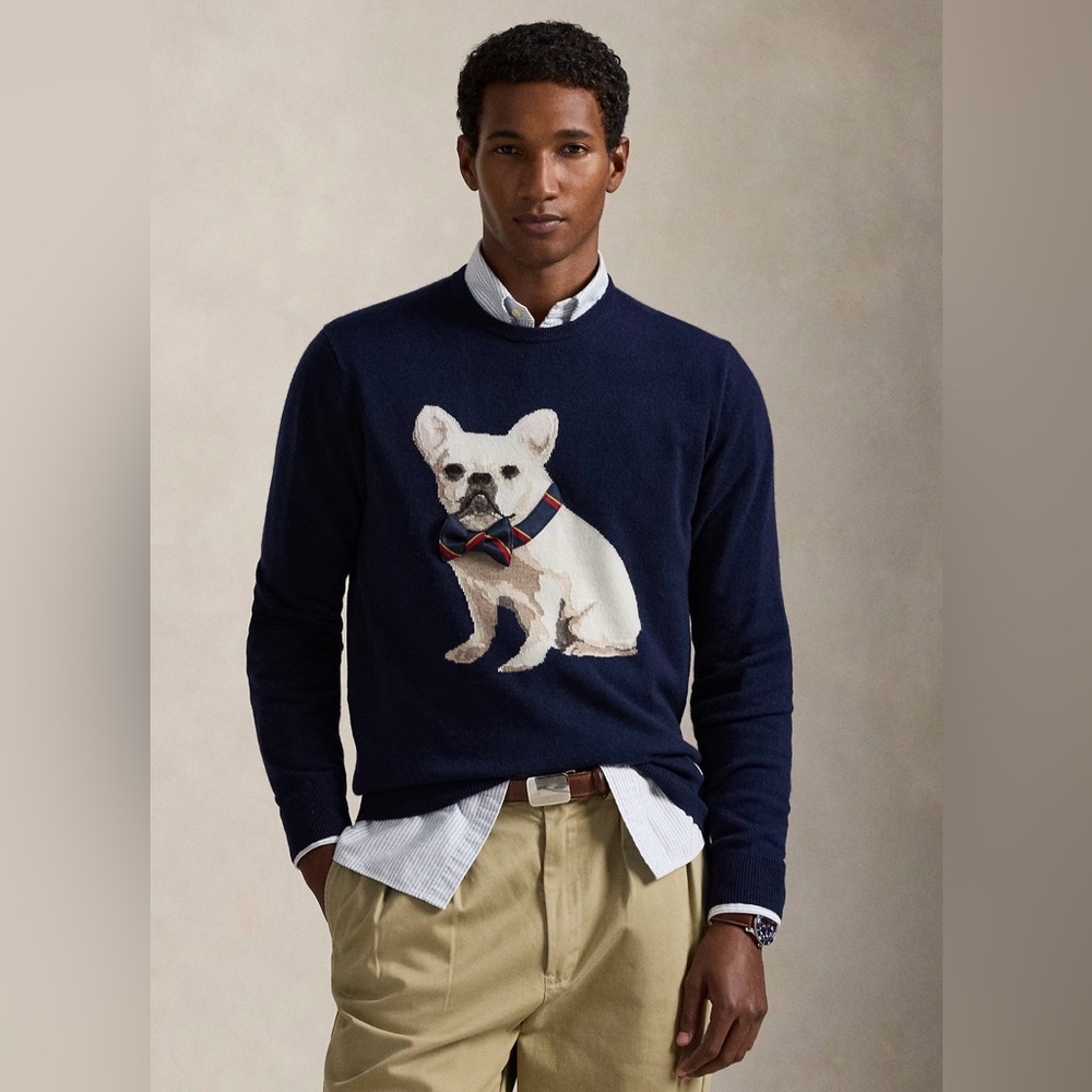 Polo Ralph Lauren Dog-Intarsia Cashmere Sweater Frenchie French Bulldog Navy XXL - Picture 1 of 9